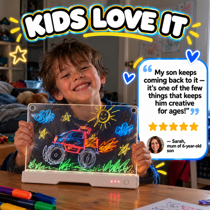 Boy holding his GlowSketch V2 artwork with positive customer feedback