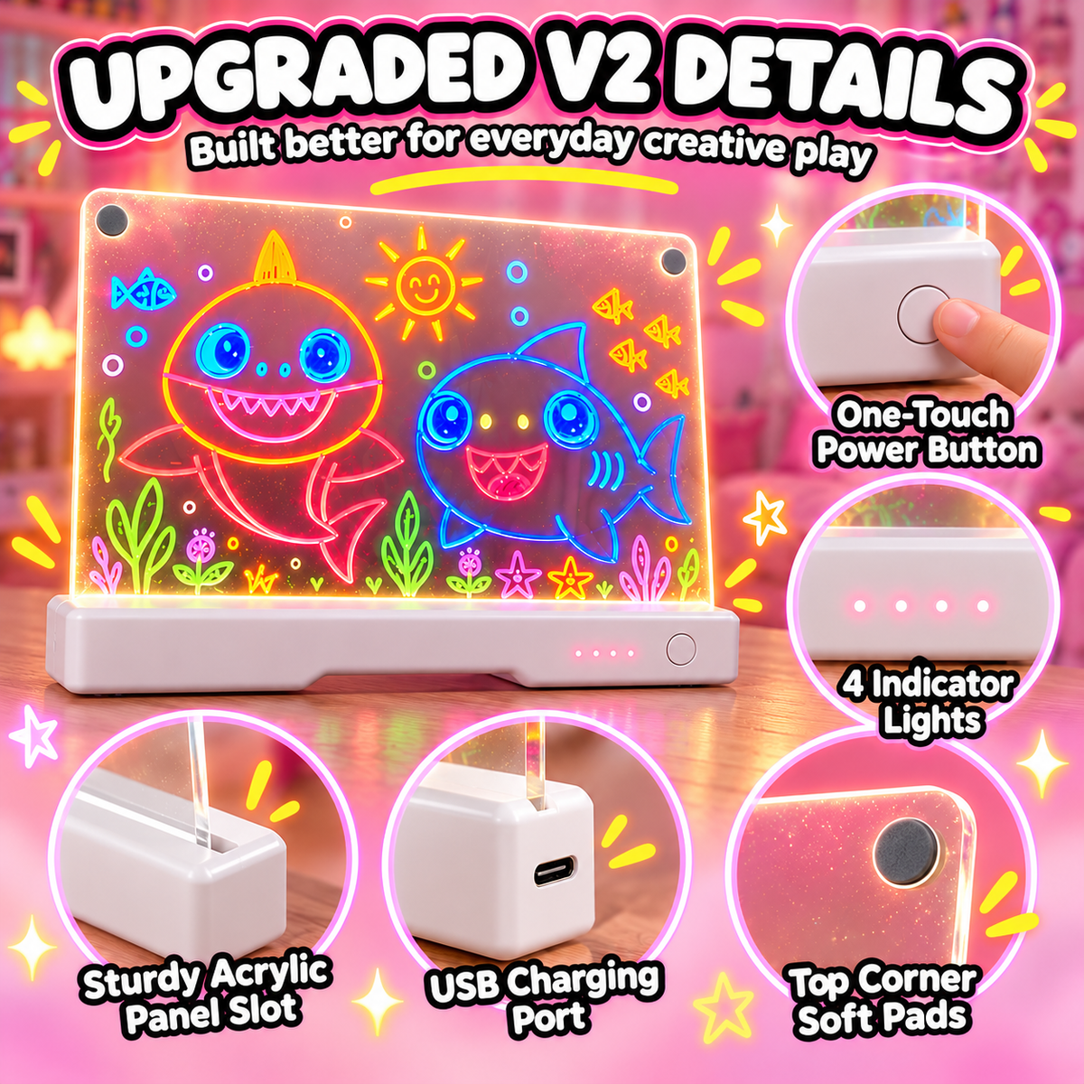 GlowSketch V2 upgraded details showing power button, soft corner pads and USB charging port