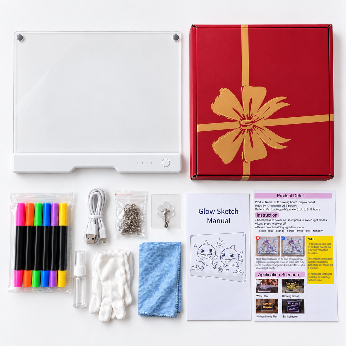 Everything included with GlowSketch V2: board, box, manual, cleaning accessories, cable and glow markers