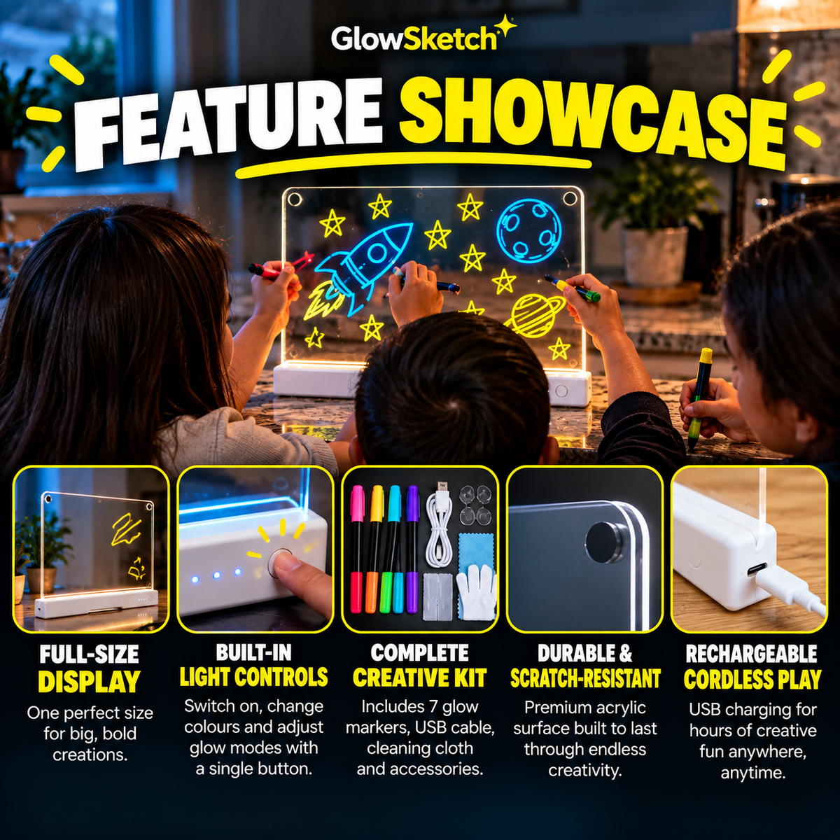 GlowSketch V2 feature showcase with full-size display, built-in light controls, creative kit, scratch-resistant acrylic and rechargeable cordless play